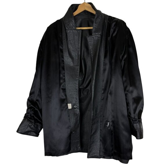 Vtg 70s Black Leather Coat XL Croc Embossed Trim Leathers by New England USA - Picture 9 of 12